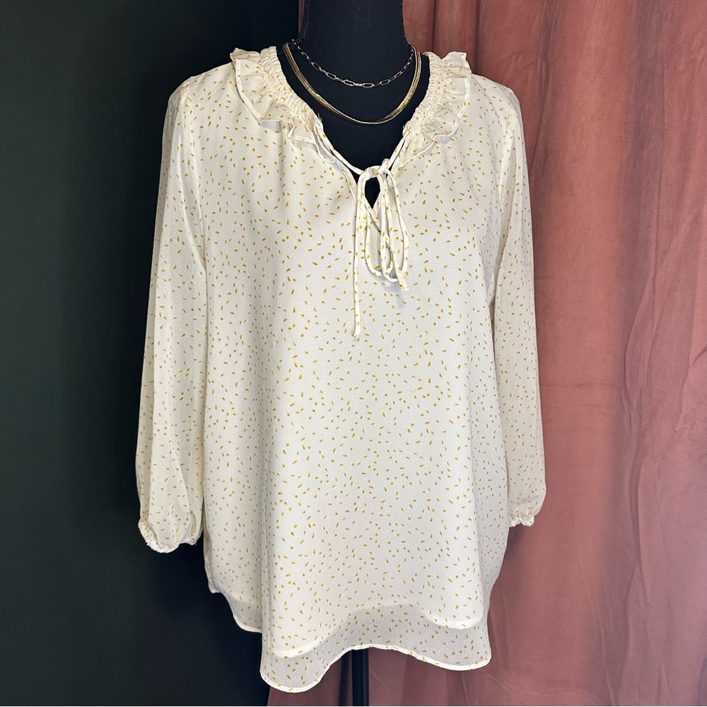Cream Blouse with Ruffle Neckline